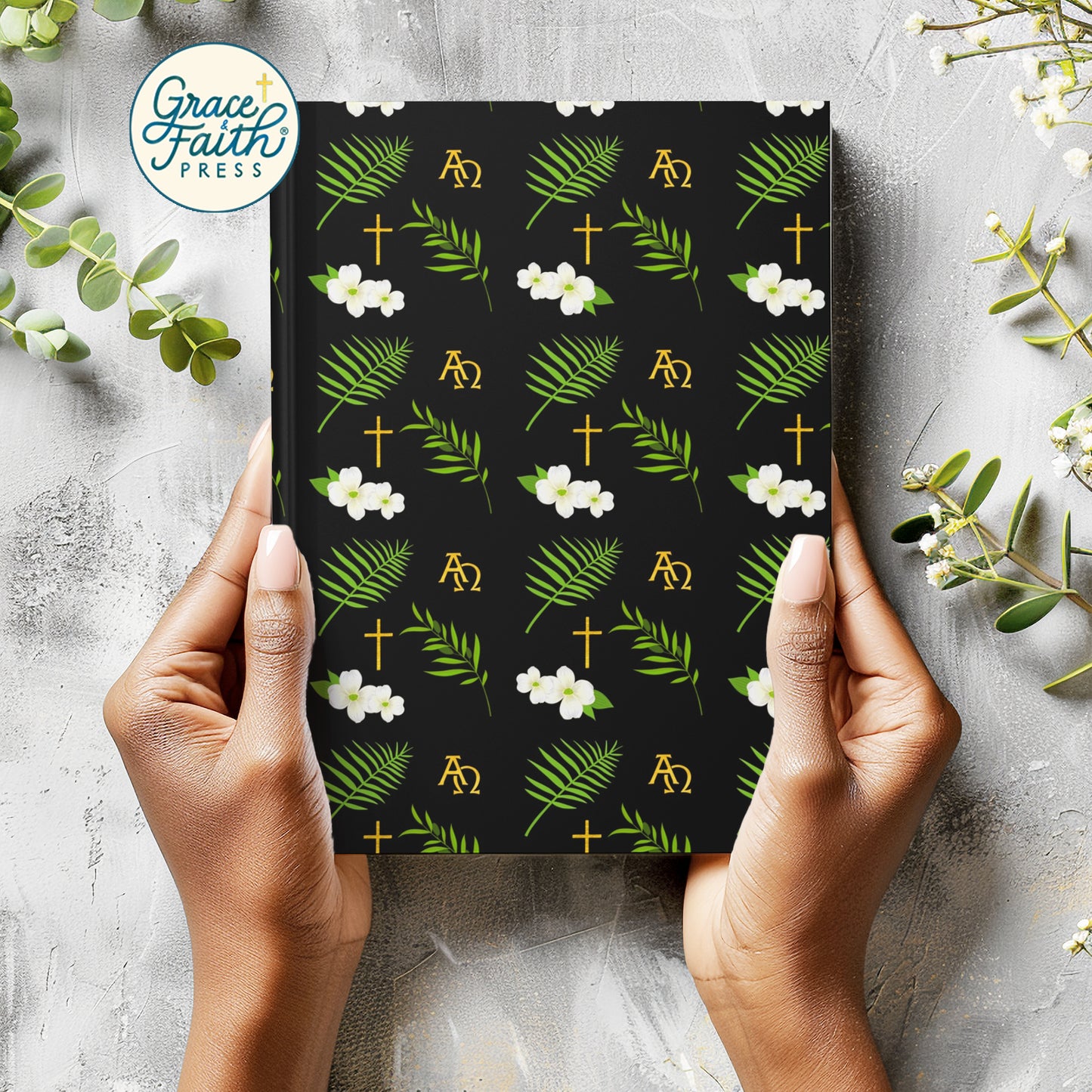 Christian Dogwood Blossoms, Symbols, and Branches (Black) Hardcover Journal